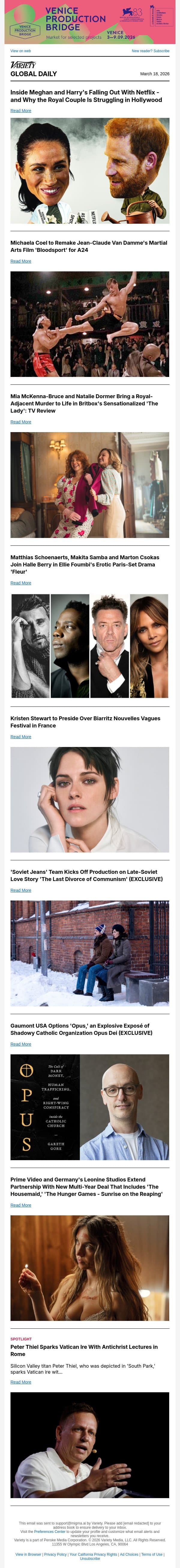Meghan and Harry's Netflix Fallout; Michaela Coel's 'Bloodsport' Remake; 'The Lady' Review email from Variety screenshot