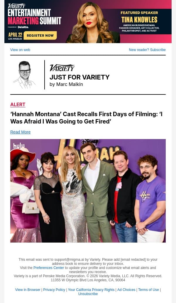 ‘Hannah Montana’ Cast Recalls First Days of Filming: ‘I Was Afraid I Was Going to Get Fired’ email from Variety screenshot