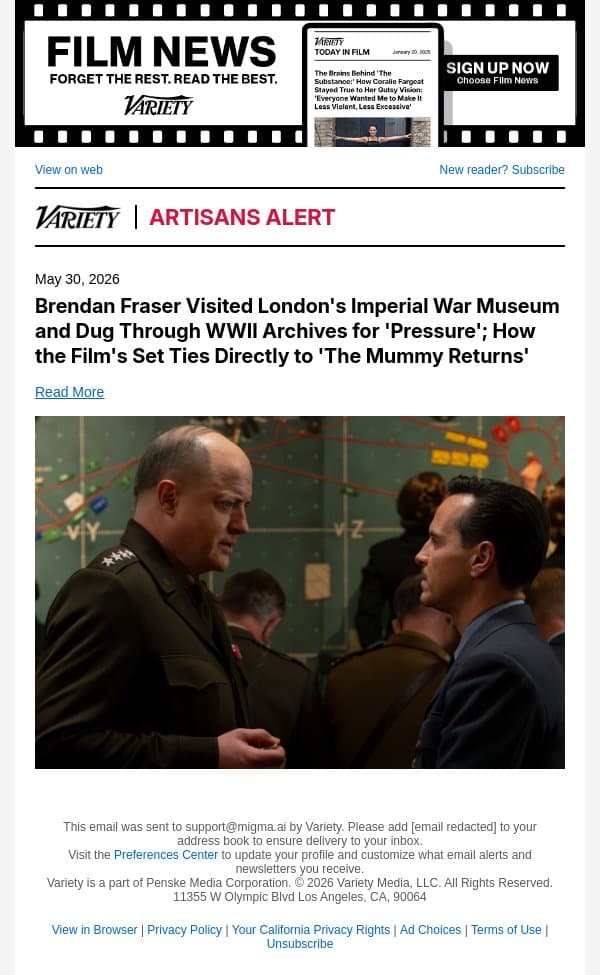 Brendan Fraser Visited London's Imperial War Museum and Dug Through WWII Archives for 'Pressure'; How the Film's Set Ties Directly to 'The Mummy Returns' email from Variety screenshot