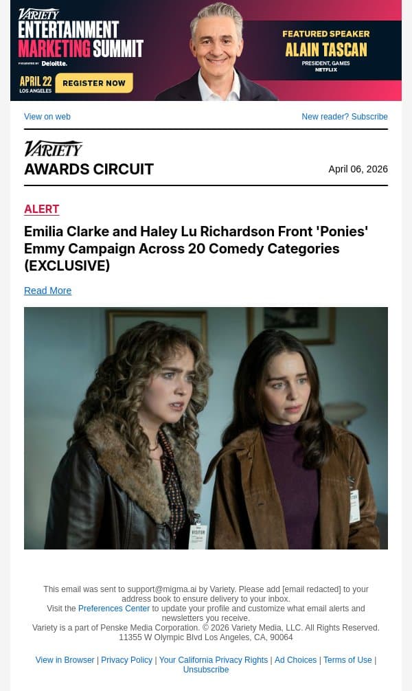 Emilia Clarke and Haley Lu Richardson Front 'Ponies' Emmy Campaign Across 20 Comedy Categories (EXCLUSIVE) email from Variety screenshot