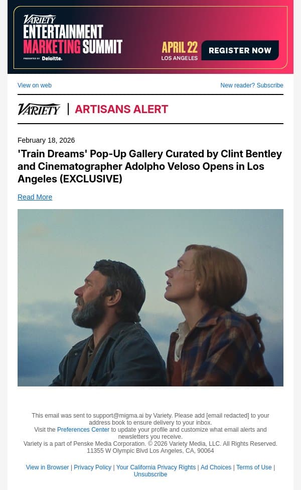 'Train Dreams' Pop-Up Gallery Curated by Clint Bentley and Cinematographer Adolpho Veloso Opens in Los Angeles (EXCLUSIVE) email from Variety screenshot