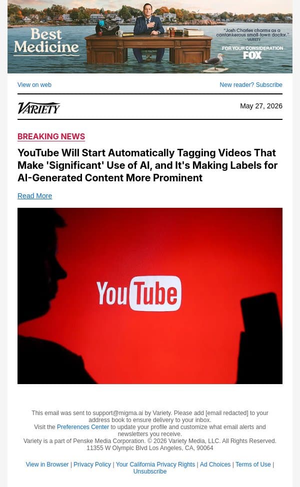 YouTube Will Start Automatically Tagging Videos That Make 'Significant' Use of AI, and It's Making Labels for AI-Generated Content More Prominent email from Variety screenshot