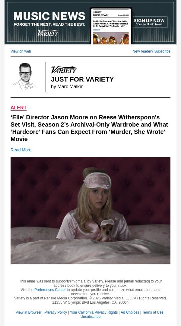 ‘Elle’ Director Jason Moore on Reese Witherspoon's Set Visit, Season 2’s Archival-Only Wardrobe and What ‘Hardcore’ Fans Can Expect From ‘Murder, She Wrote’ Movie email from Variety screenshot
