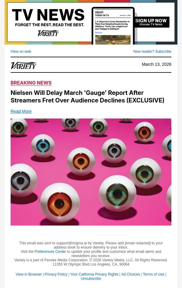 Nielsen Will Delay March 'Gauge' Report After Streamers Fret Over Audience Declines (EXCLUSIVE) email from Variety screenshot