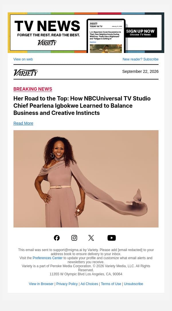 Her Road to the Top: How NBCUniversal TV Studio Chief Pearlena Igbokwe Learned to Balance Business and Creative Instincts email from Variety screenshot
