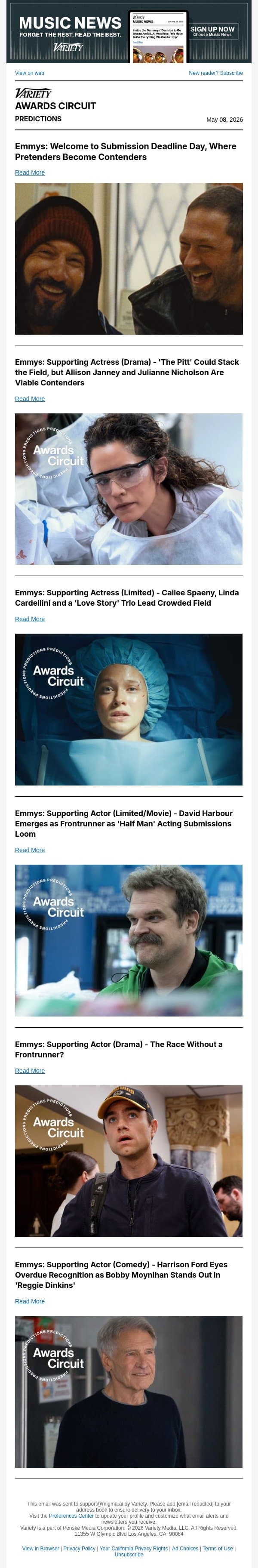 Emmy Predictions: 'The Bear' and 'Paradise' Climb on Submission Deadline Day email from Variety screenshot