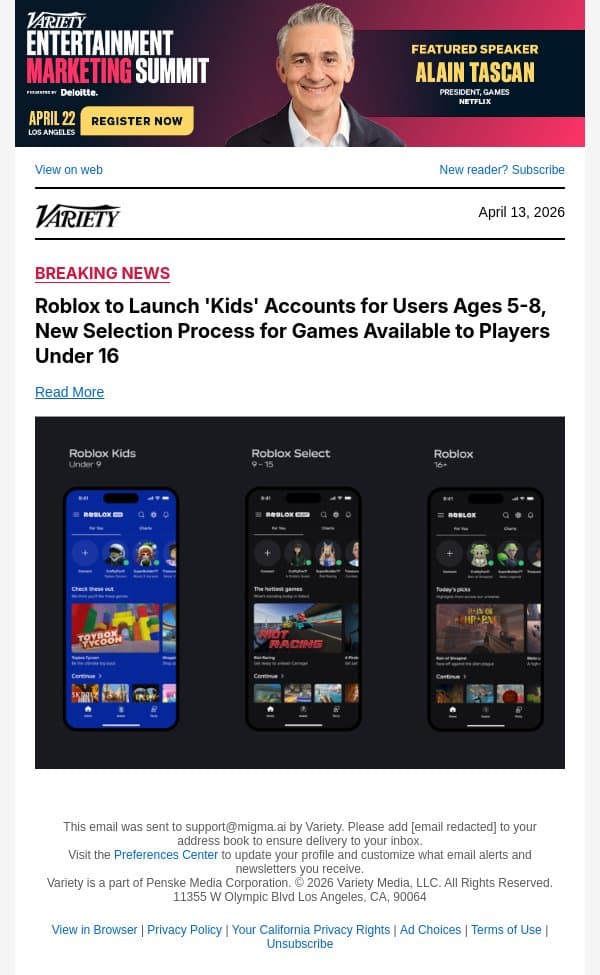 Roblox to Launch 'Kids' Accounts for Users Ages 5-8, New Selection Process for Games Available to Players Under 16 email from Variety screenshot