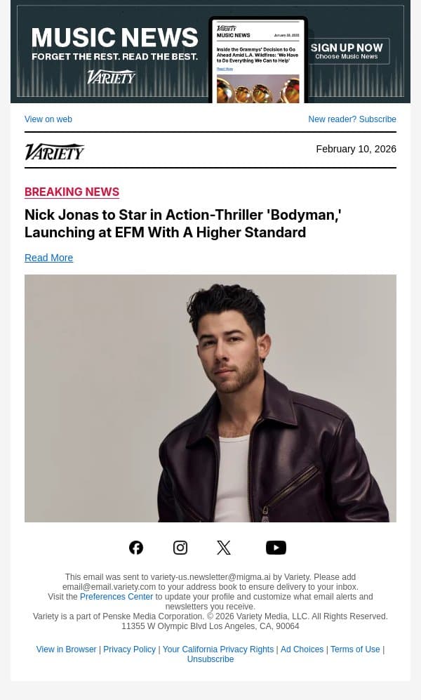 Nick Jonas to Star in Action-Thriller 'Bodyman,' Launching at EFM With A Higher Standard email from Variety screenshot