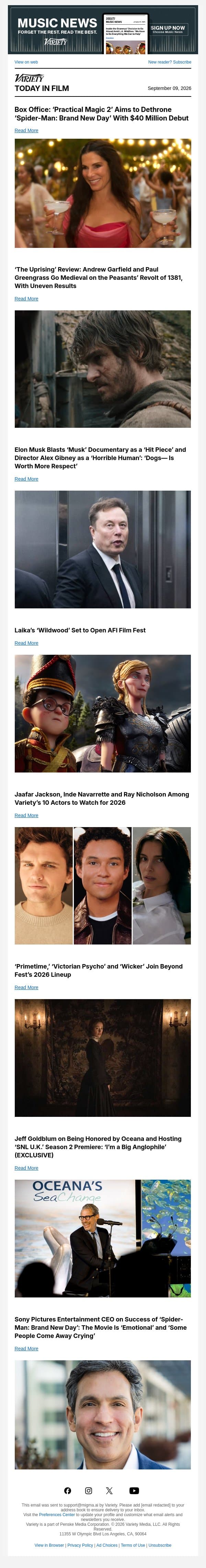 Box Office Preview; ‘The Uprising’ Review; Elon Blasts ‘Musk’ Documentary email from Variety screenshot