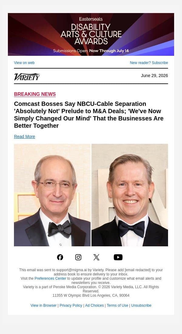 Comcast Bosses Say NBCU-Cable Separation 'Absolutely Not' Prelude to M&A Deals; 'We've Now Simply Changed Our Mind' That the Businesses Are Better Together email from Variety screenshot