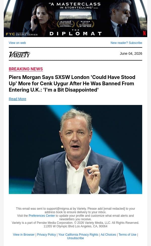 Piers Morgan Says SXSW London 'Could Have Stood Up' More for Cenk Uygur After He Was Banned From Entering U.K.: 'I'm a Bit Disappointed' email from Variety screenshot