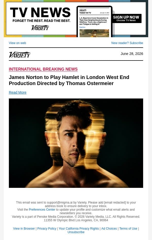 James Norton to Play Hamlet in London West End Production Directed by Thomas Ostermeier email from Variety screenshot