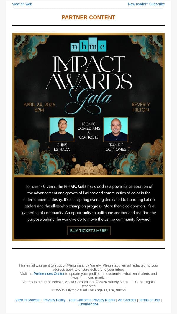 NHMC Impact Awards Gala - April 24th email from Variety screenshot