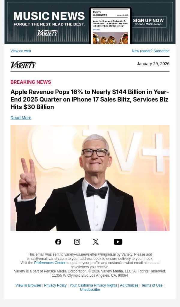 Apple Revenue Pops 16% to Nearly $144 Billion in Year-End 2025 Quarter on iPhone 17 Sales Blitz, Services Biz Hits $30 Billion email from Variety screenshot
