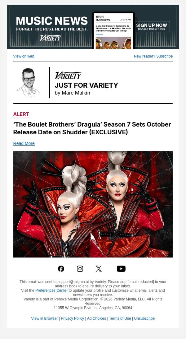 ‘The Boulet Brothers’ Dragula’ Season 7 Sets October Release Date on Shudder (EXCLUSIVE) email from Variety screenshot