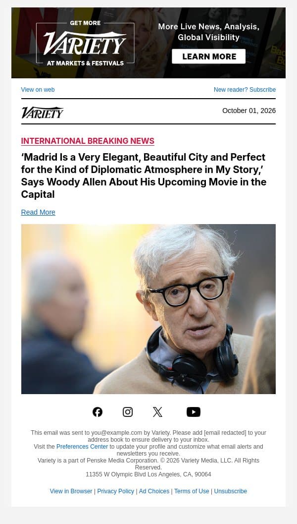 ‘Madrid Is a Very Elegant, Beautiful City and Perfect for the Kind of Diplomatic Atmosphere in My Story,’ Says Woody Allen About His Upcoming Movie in the Capital email from Variety screenshot