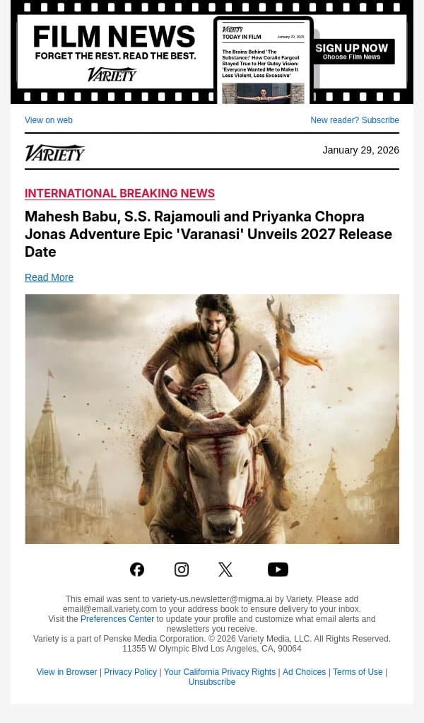 Mahesh Babu, S.S. Rajamouli and Priyanka Chopra Jonas Adventure Epic 'Varanasi' Unveils 2027 Release Date email from Variety screenshot