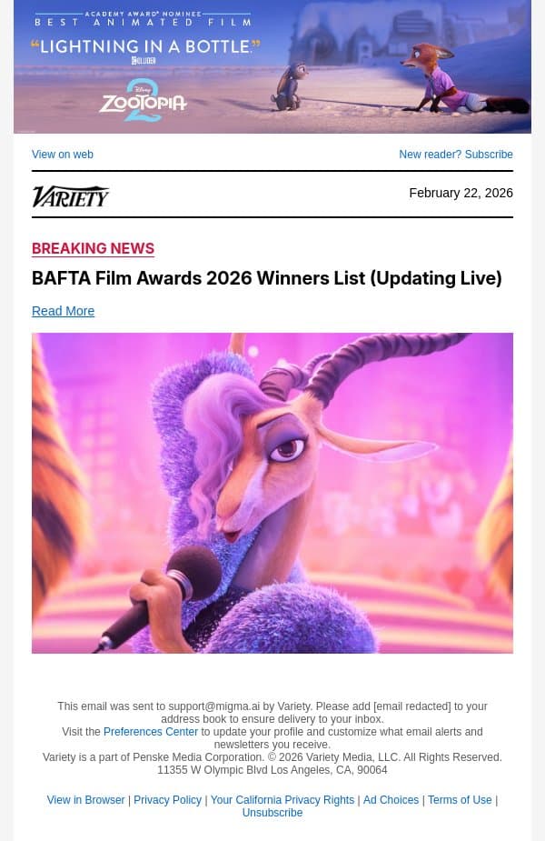 'Zootopia 2' Wins BAFTA for Best Animated Film email from Variety screenshot