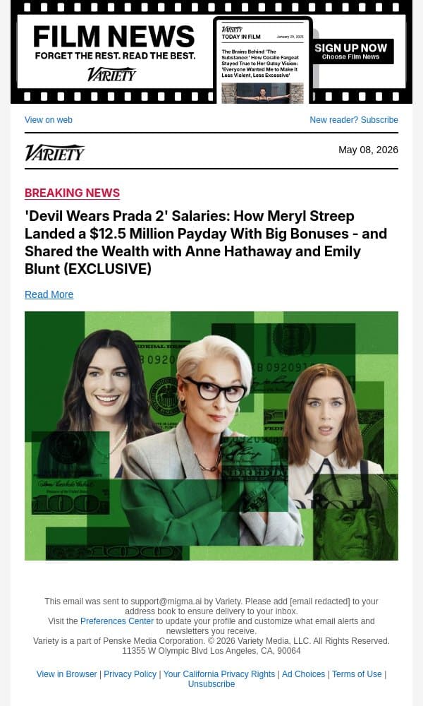 'Devil Wears Prada 2' Salaries: How Meryl Streep Landed a $12.5 Million Payday With Big Bonuses - and Shared the Wealth with Anne Hathaway and Emily Blunt (EXCLUSIVE) email from Variety screenshot