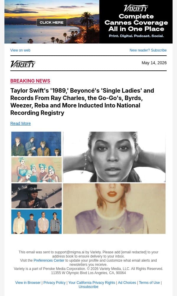 Taylor Swift's '1989,' Beyoncé's 'Single Ladies' and Records From Ray Charles, the Go-Go's, Byrds, Weezer, Reba and More Inducted Into National Recording Registry email from Variety screenshot