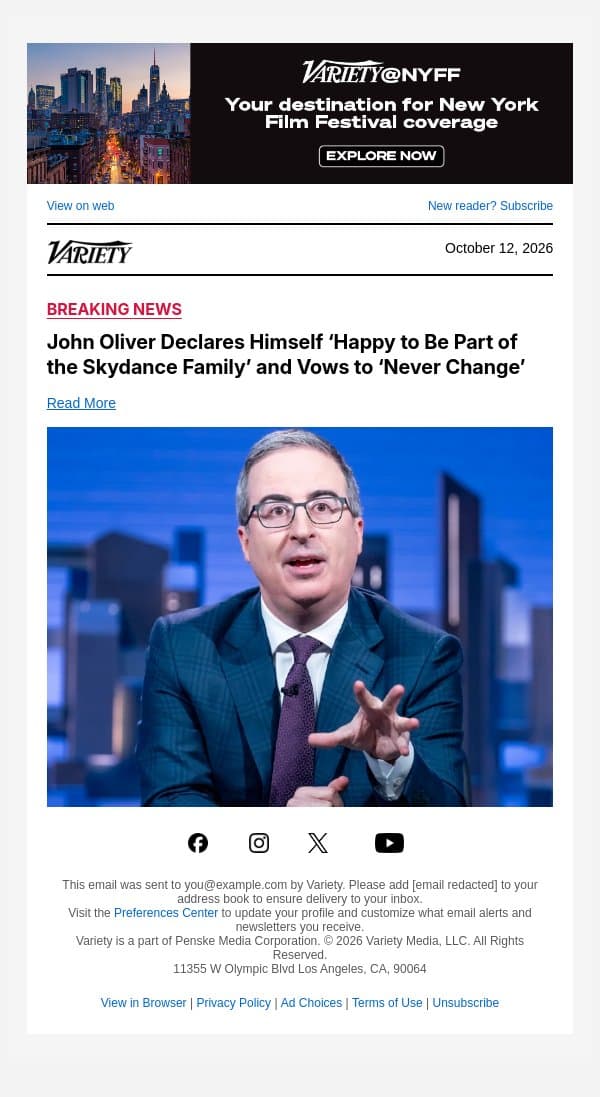 John Oliver Declares Himself ‘Happy to Be Part of the Skydance Family’ and Vows to ‘Never Change’ email from Variety screenshot