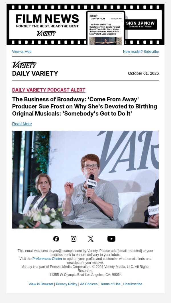 The Business of Broadway: 'Come From Away' Producer Sue Frost on Why She's Devoted to Birthing Original Musicals: 'Somebody's Got to Do It' email from Variety screenshot