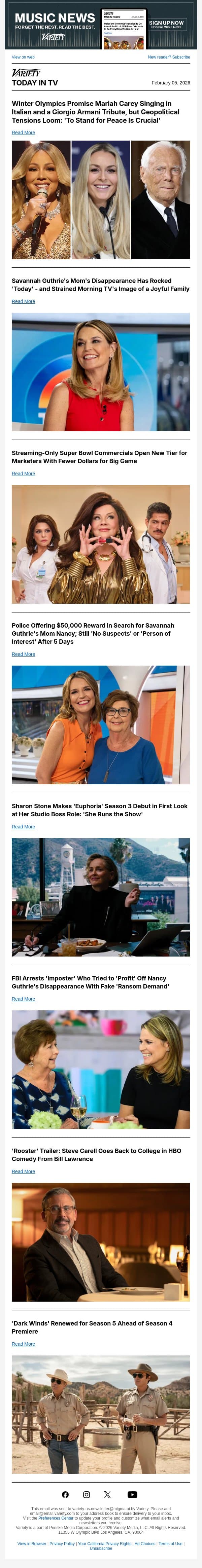 Winter Olympics Preview; Savannah Guthrie's Mom's Disappearance Has Rocked 'Today'; Streaming-Only Super Bowl Commercials Open New Ad Tier email from Variety screenshot