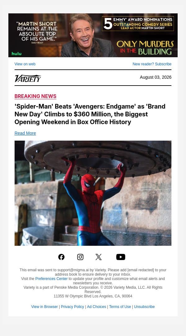 'Spider-Man' Beats 'Avengers: Endgame' as 'Brand New Day' Climbs to $360 Million, the Biggest Opening Weekend in Box Office History email from Variety screenshot