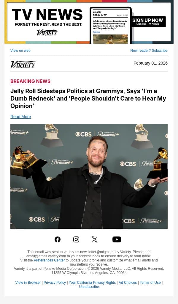 Jelly Roll Sidesteps Politics at Grammys, Says 'I'm a Dumb Redneck' and 'People Shouldn't Care to Hear My Opinion' email from Variety screenshot