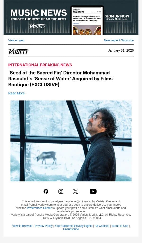 'Seed of the Sacred Fig' Director Mohammad Rasoulof's 'Sense of Water' Acquired by Films Boutique (EXCLUSIVE) email from Variety screenshot