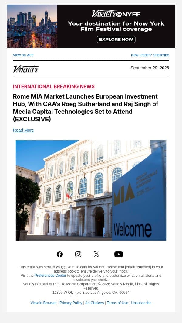 Rome MIA Market Launches European Investment Hub, With CAA’s Roeg Sutherland and Raj Singh of Media Capital Technologies Set to Attend (EXCLUSIVE) email from Variety screenshot