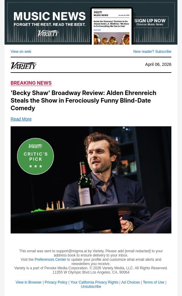 'Becky Shaw' Broadway Review: Alden Ehrenreich Steals the Show in Ferociously Funny Blind-Date Comedy email from Variety screenshot
