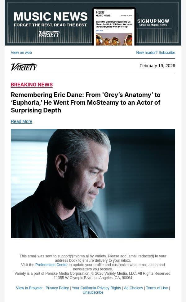 Remembering Eric Dane: From 'Grey’s Anatomy’ to ‘Euphoria,’ He Went From McSteamy to an Actor of Surprising Depth email from Variety screenshot