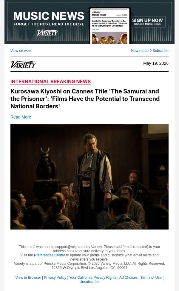 Kurosawa Kiyoshi on Cannes Title 'The Samurai and the Prisoner': 'Films Have the Potential to Transcend National Borders' email from Variety screenshot
