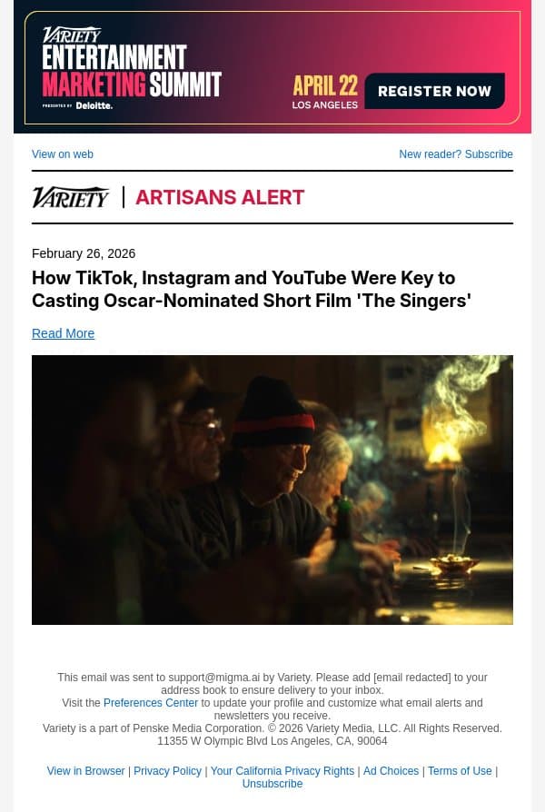 How TikTok, Instagram and YouTube Were Key to Casting Oscar-Nominated Short Film 'The Singers' email from Variety screenshot