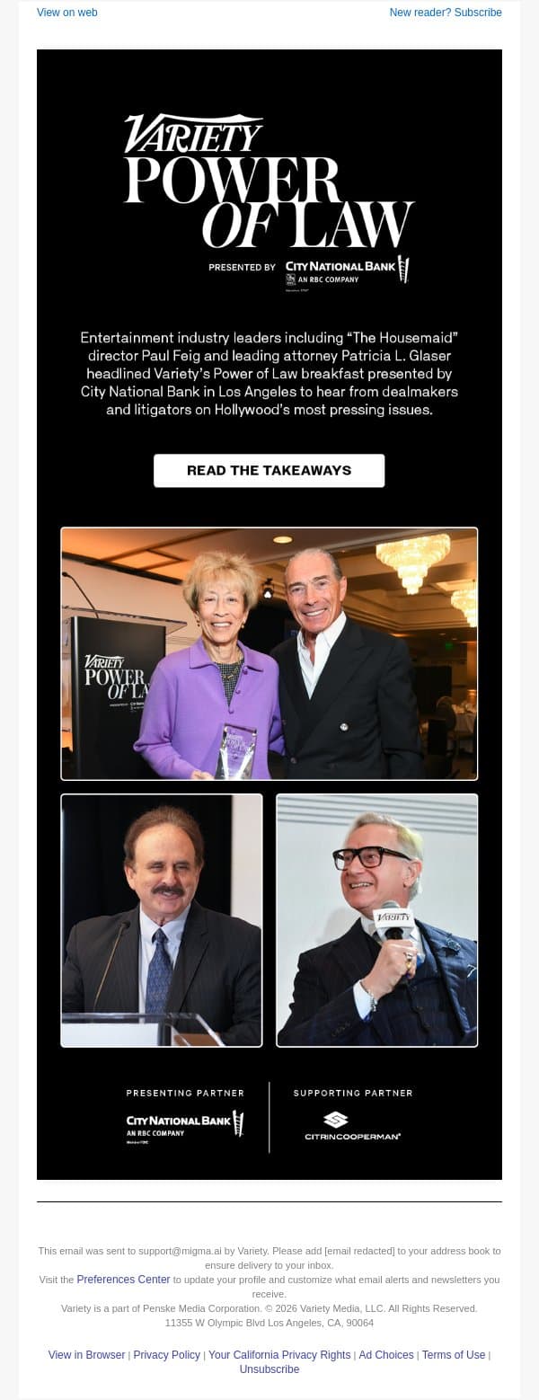 Power of Law 2026 Takeaways - Honoring Patricia L. Glaser and Keynote Spotlight with Filmmaker Paul Feig email from Variety screenshot
