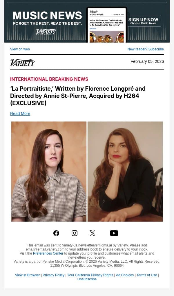 ‘La Portraitiste,’ Written by Florence Longpré and Directed by Annie St-Pierre, Acquired by H264 (EXCLUSIVE) email from Variety screenshot