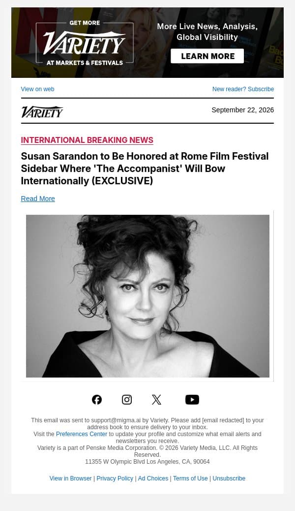 Susan Sarandon to Be Honored at Rome Film Festival Sidebar Where 'The Accompanist' Will Bow Internationally (EXCLUSIVE) email from Variety screenshot