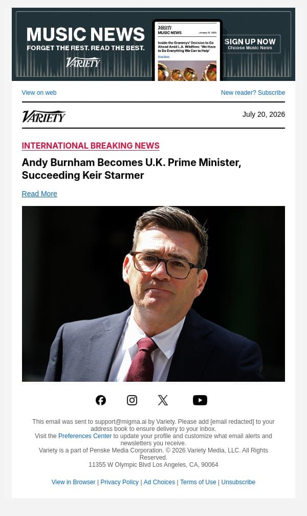Andy Burnham Becomes U.K. Prime Minister, Succeeding Keir Starmer email from Variety screenshot