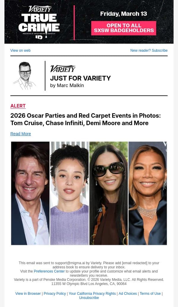 2026 Oscar Parties and Red Carpet Events in Photos: Tom Cruise, Chase Infiniti, Demi Moore and More email from Variety screenshot