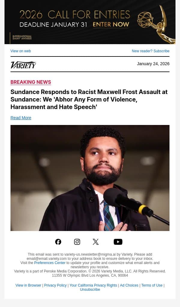 Sundance Responds to Racist Maxwell Frost Assault at Sundance: We 'Abhor Any Form of Violence, Harassment and Hate Speech' email from Variety screenshot