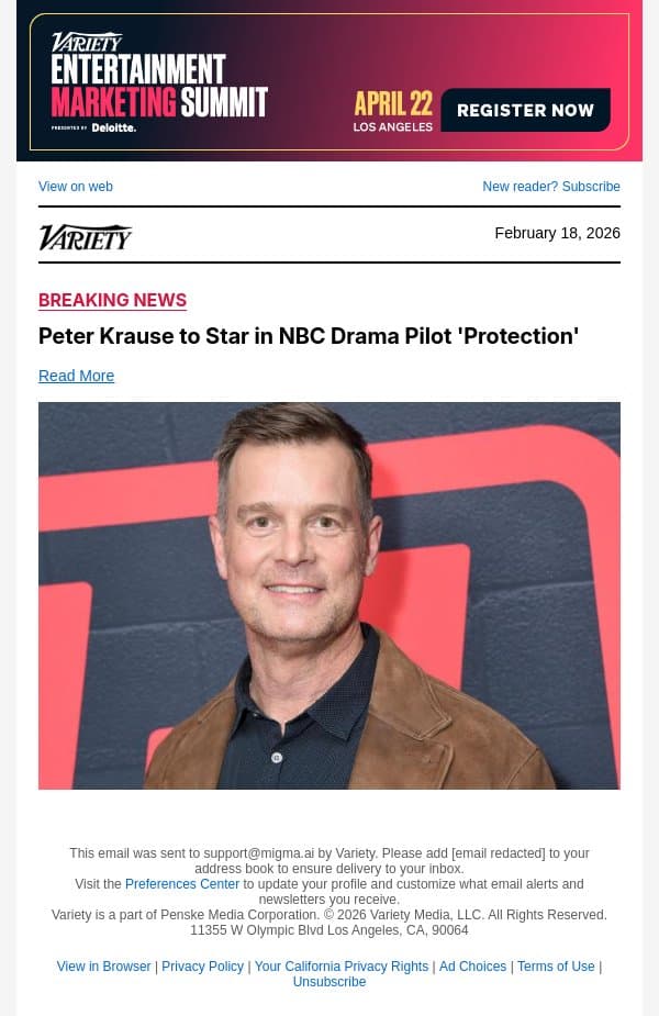 Peter Krause to Star in NBC Drama Pilot 'Protection' email from Variety screenshot