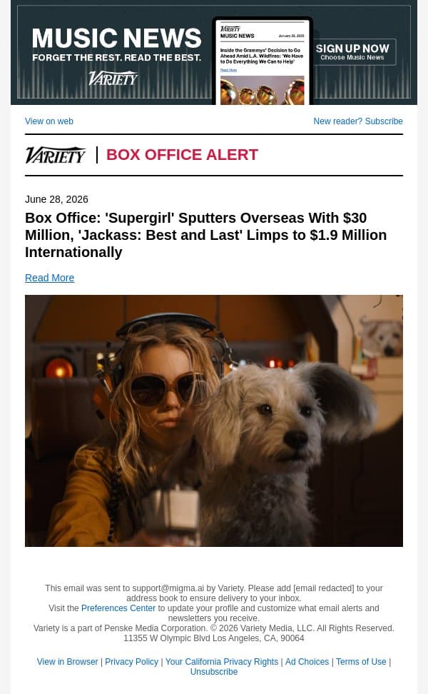 Box Office: 'Supergirl' Sputters Overseas With $30 Million, 'Jackass: Best and Last' Limps to $1.9 Million Internationally email from Variety screenshot