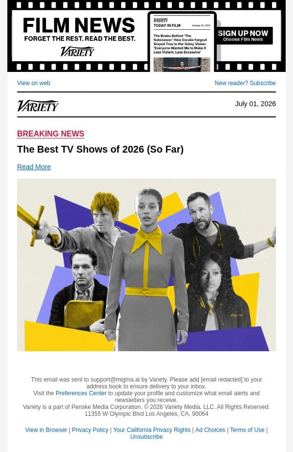 The Best TV Shows of 2026 (So Far) email from Variety screenshot