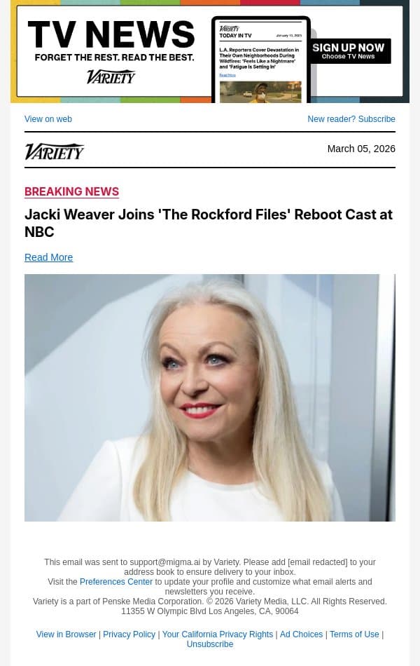 Jacki Weaver Joins 'The Rockford Files' Reboot Cast at NBC email from Variety screenshot