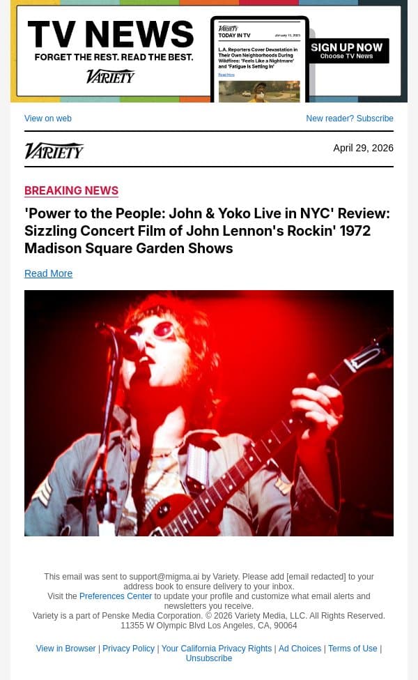'Power to the People: John and Yoko Live in NYC' Review: Sizzling Concert Film of John Lennon's Rockin' 1972 Madison Square Garden Shows email from Variety screenshot