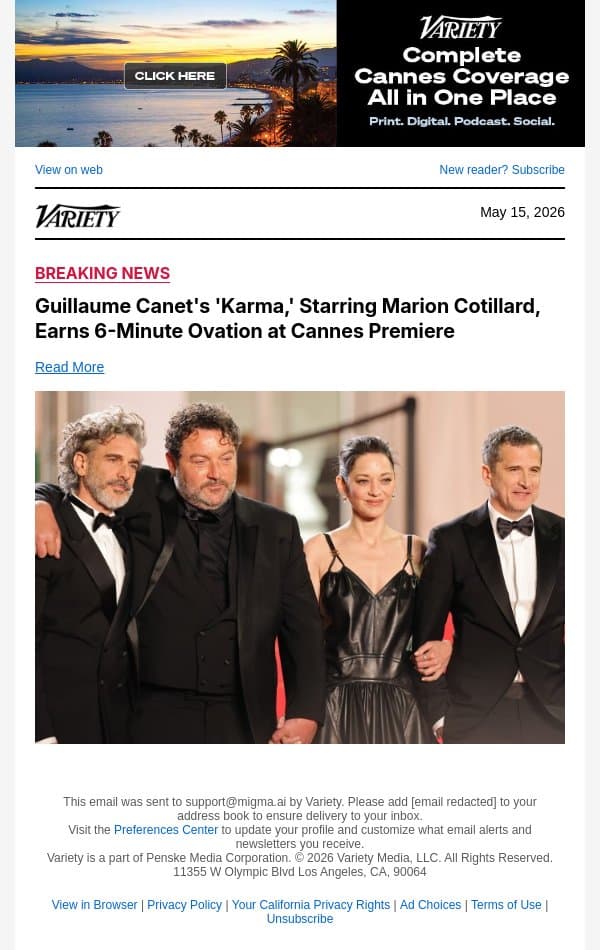 Guillaume Canet's 'Karma,' Starring Marion Cotillard, Earns 6-Minute Ovation at Cannes Premiere email from Variety screenshot
