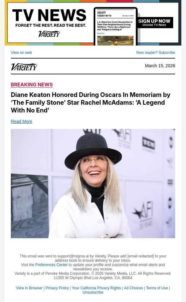 Diane Keaton Honored During Oscars In Memoriam by ‘The Family Stone’ Star Rachel McAdams: ‘A Legend With No End’ email from Variety screenshot