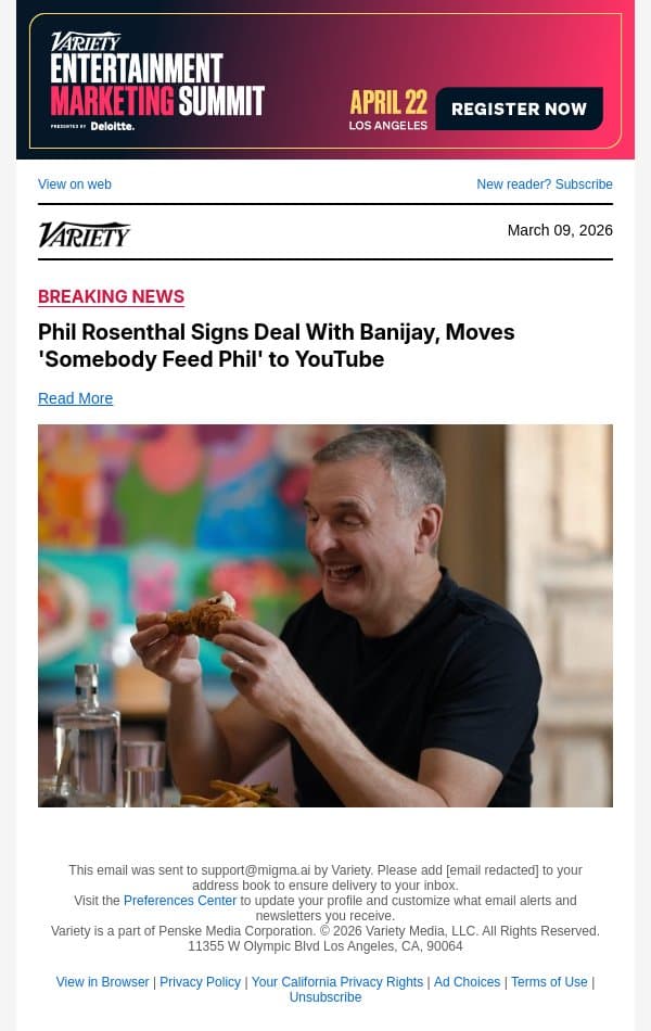 Phil Rosenthal Signs Deal With Banijay, Moves 'Somebody Feed Phil' to YouTube email from Variety screenshot
