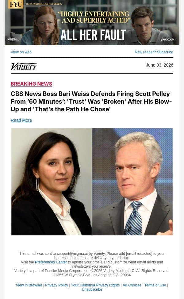 CBS News Boss Bari Weiss Defends Firing Scott Pelley From ‘60 Minutes’: 'Trust' Was 'Broken' After His Blow-Up and 'That's the Path He Chose' email from Variety screenshot